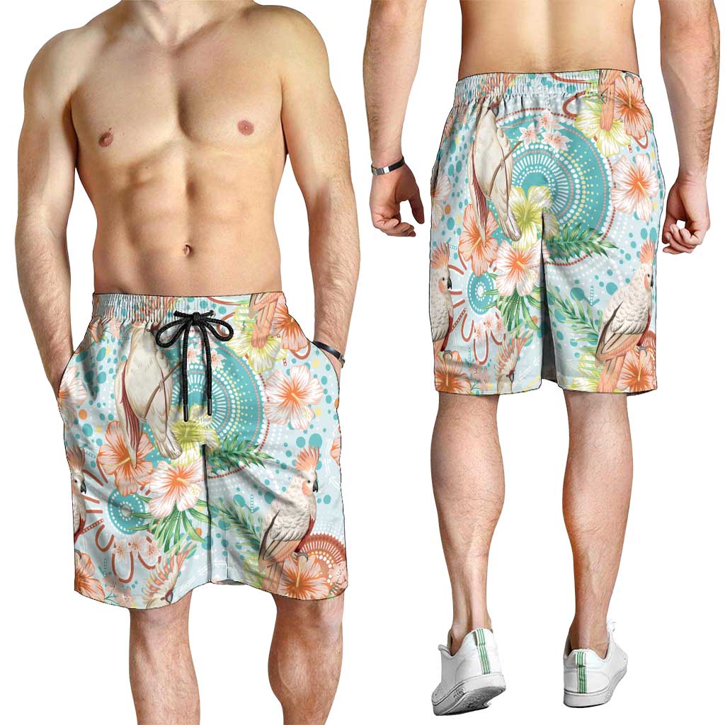 Australia Pink Cockatoo Aboriginal Art Shorts for Men Tropical Hibiscus Floral Style