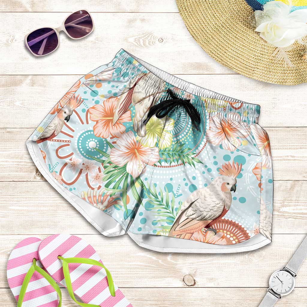 Australia Pink Cockatoo Aboriginal Art Shorts for Women Tropical Hibiscus Floral Style