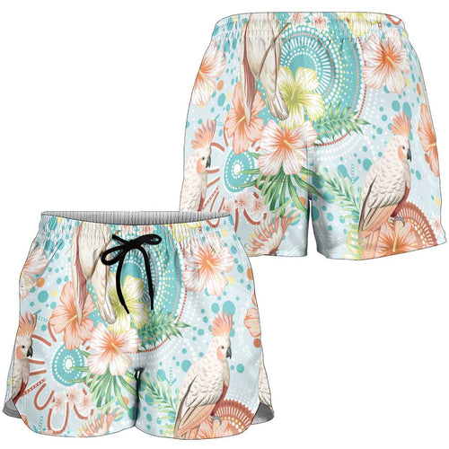 Australia Pink Cockatoo Aboriginal Art Shorts for Women Tropical Hibiscus Floral Style