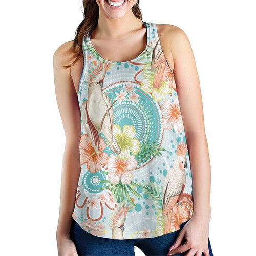 Australia Pink Cockatoo Aboriginal Art Women Racerback Tank Tropical Hibiscus Floral Style