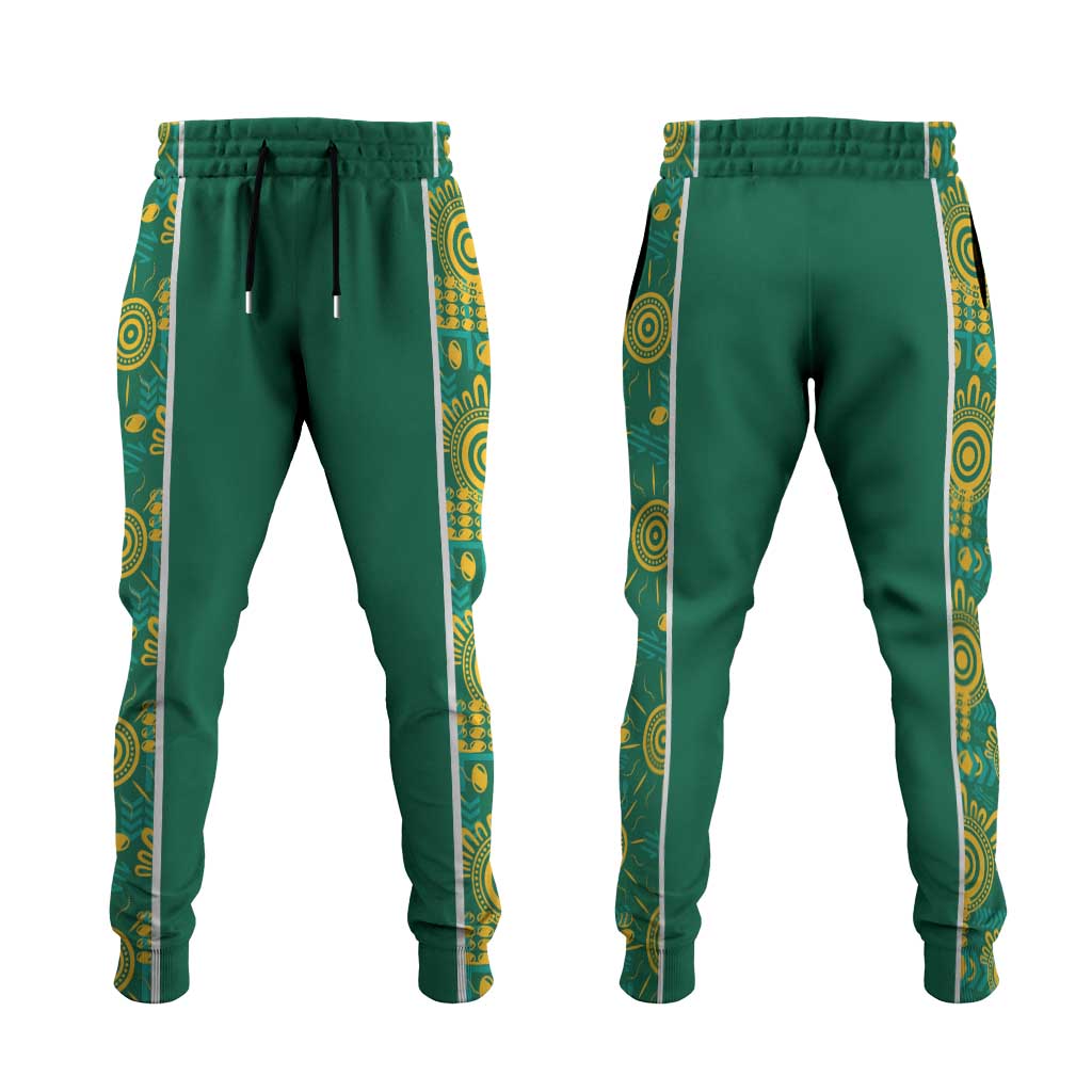 Australia Rugby Kangaroo Jogger Pants Green Gold Aboriginal Dot Geometry