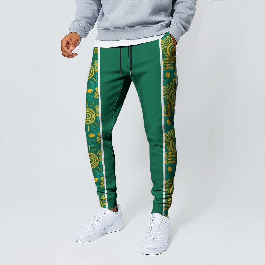 Australia Rugby Kangaroo Jogger Pants Green Gold Aboriginal Dot Geometry