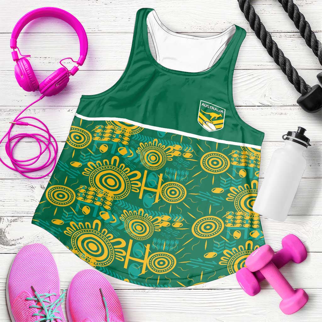 Australia Rugby Kangaroo Women Racerback Tank Green Gold Aboriginal Dot Geometry
