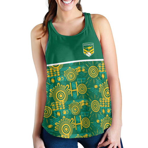 Australia Rugby Kangaroo Women Racerback Tank Green Gold Aboriginal Dot Geometry