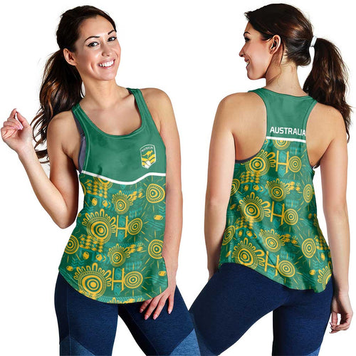 Australia Rugby Kangaroo Women Racerback Tank Green Gold Aboriginal Dot Geometry