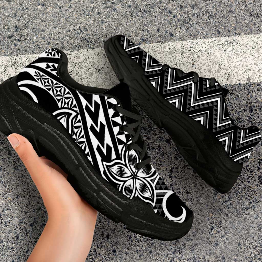 Black White New Zealand Taniko Motifs Chunky Sneakers Aotearoa Maori Plumeria Curve Style