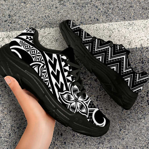 Black White New Zealand Taniko Motifs Chunky Sneakers Aotearoa Maori Plumeria Curve Style