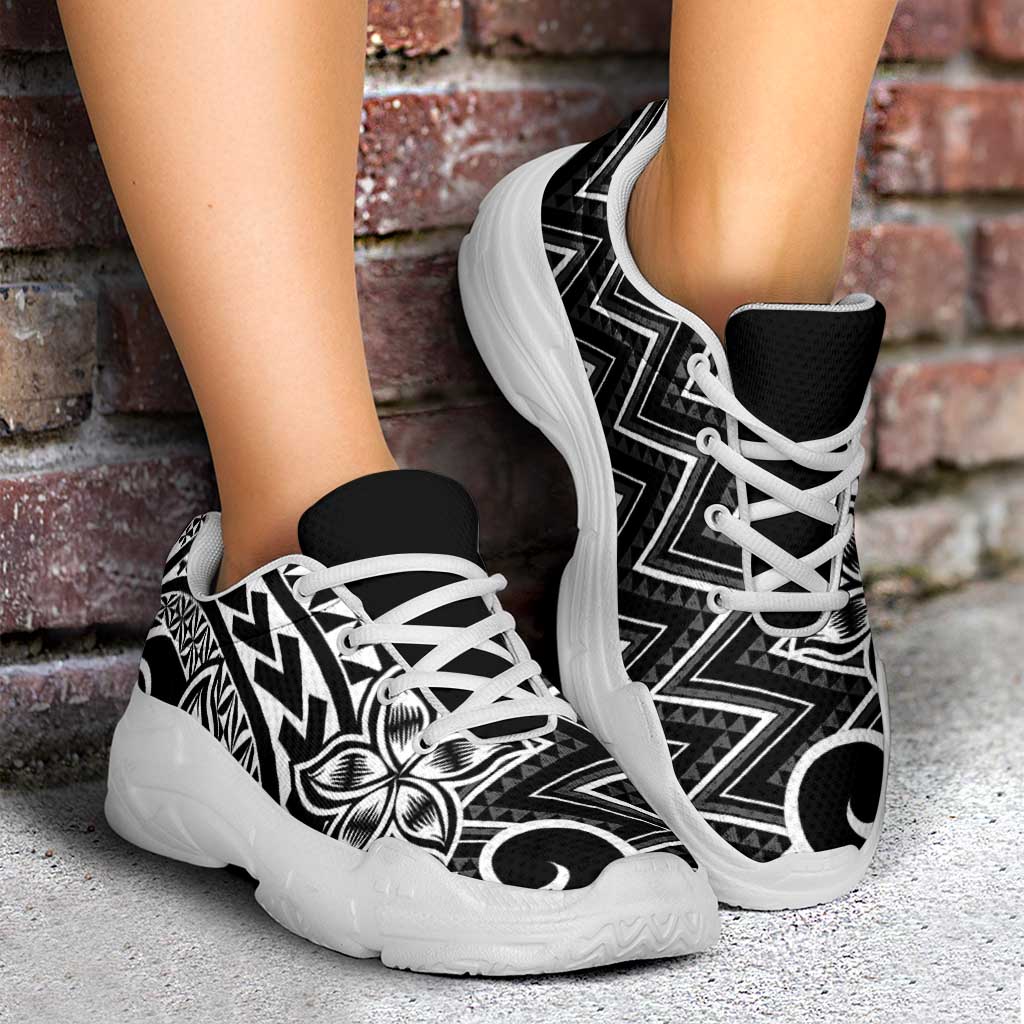 Black White New Zealand Taniko Motifs Chunky Sneakers Aotearoa Maori Plumeria Curve Style