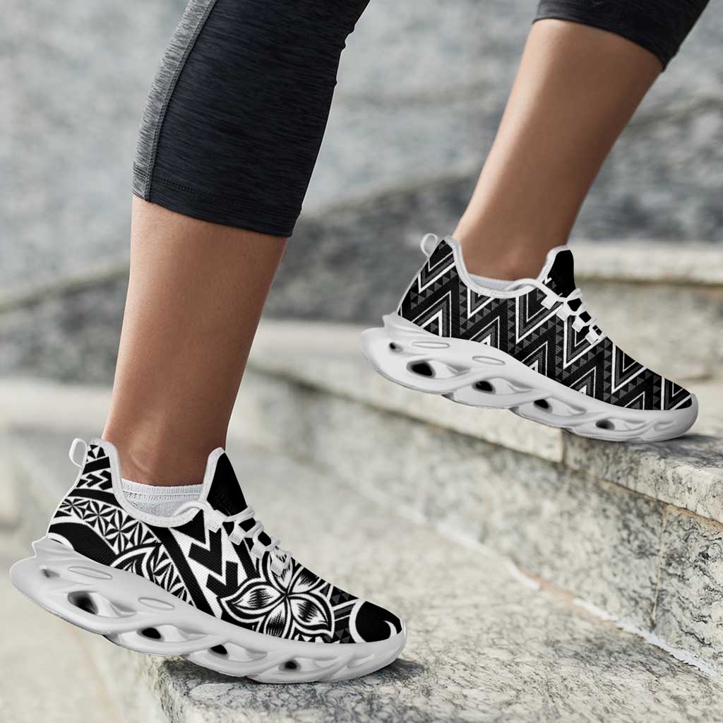 Black White New Zealand Taniko Motifs Clunky Sneakers Aotearoa Maori Plumeria Curve Style