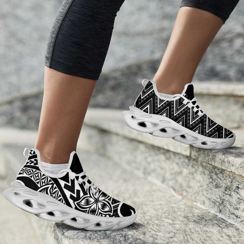 Black White New Zealand Taniko Motifs Clunky Sneakers Aotearoa Maori Plumeria Curve Style