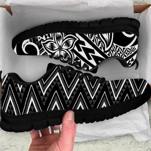 Black White New Zealand Taniko Motifs Sneakers Aotearoa Maori Plumeria Curve Style