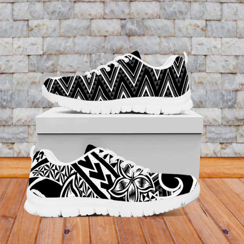 Black White New Zealand Taniko Motifs Sneakers Aotearoa Maori Plumeria Curve Style