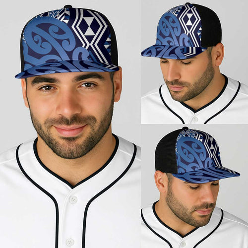 Blue New Zealand Baseball Net Cap Aotearoa Kowhaiwhai Mix Taniko Art - Aussie Hoodie