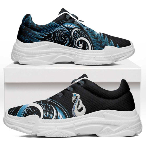 Blue New Zealand Chunky Sneakers Aotearoa Silver Fern With Manaia Maori Unique