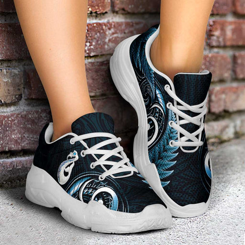 Blue New Zealand Chunky Sneakers Aotearoa Silver Fern With Manaia Maori Unique