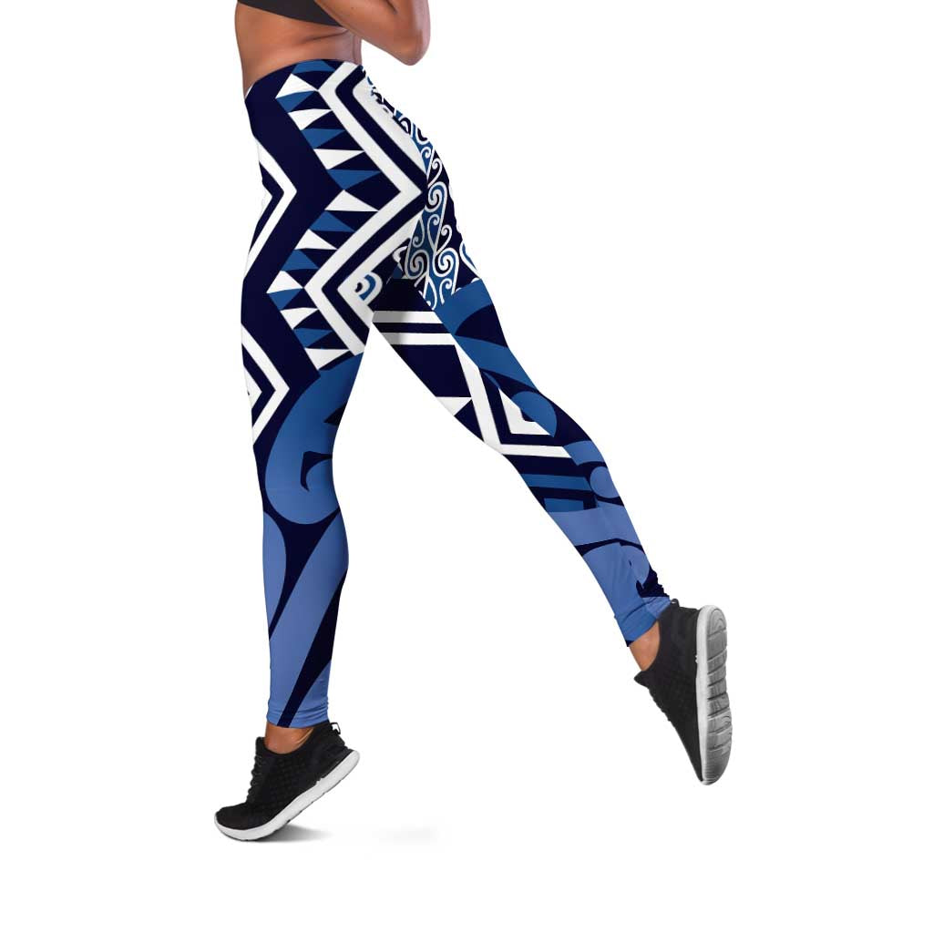 Blue New Zealand Leggings Aotearoa Kowhaiwhai Mix Taniko Art