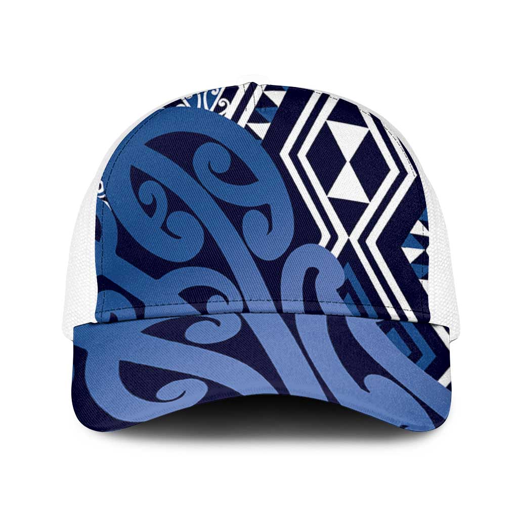 Blue New Zealand Mesh Trucker Cap Aotearoa Kowhaiwhai Mix Taniko Art - Aussie Hoodie