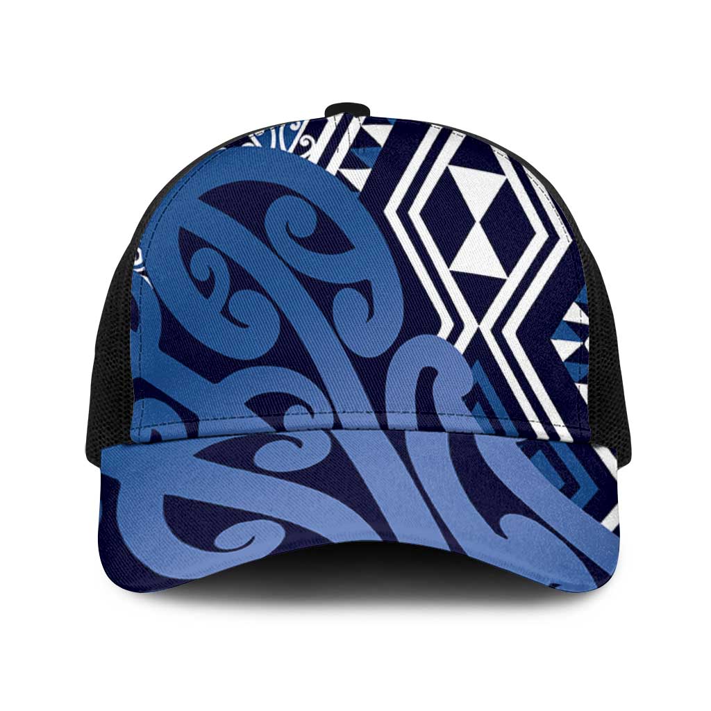 Blue New Zealand Mesh Trucker Cap Aotearoa Kowhaiwhai Mix Taniko Art - Aussie Hoodie