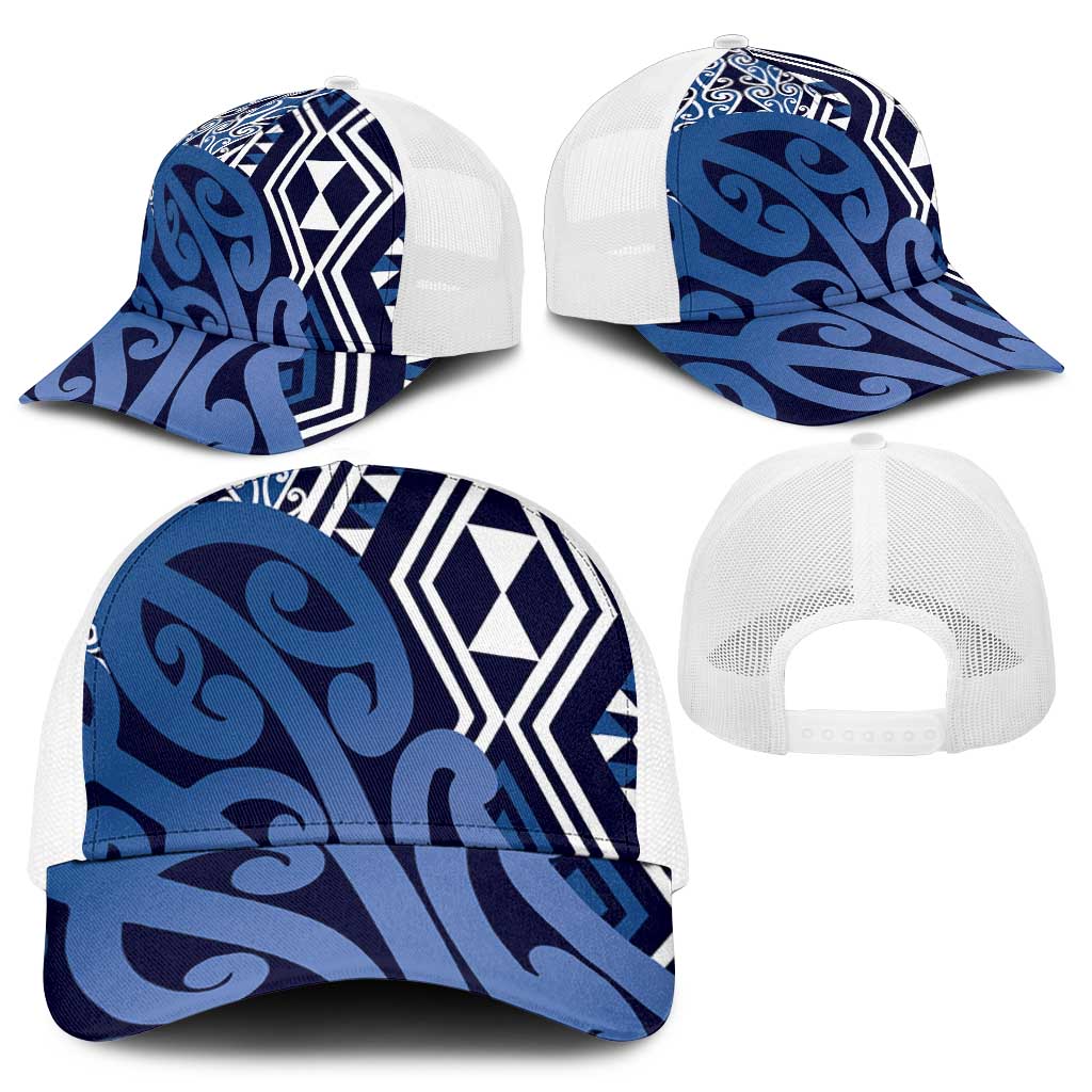 Blue New Zealand Mesh Trucker Cap Aotearoa Kowhaiwhai Mix Taniko Art - Aussie Hoodie