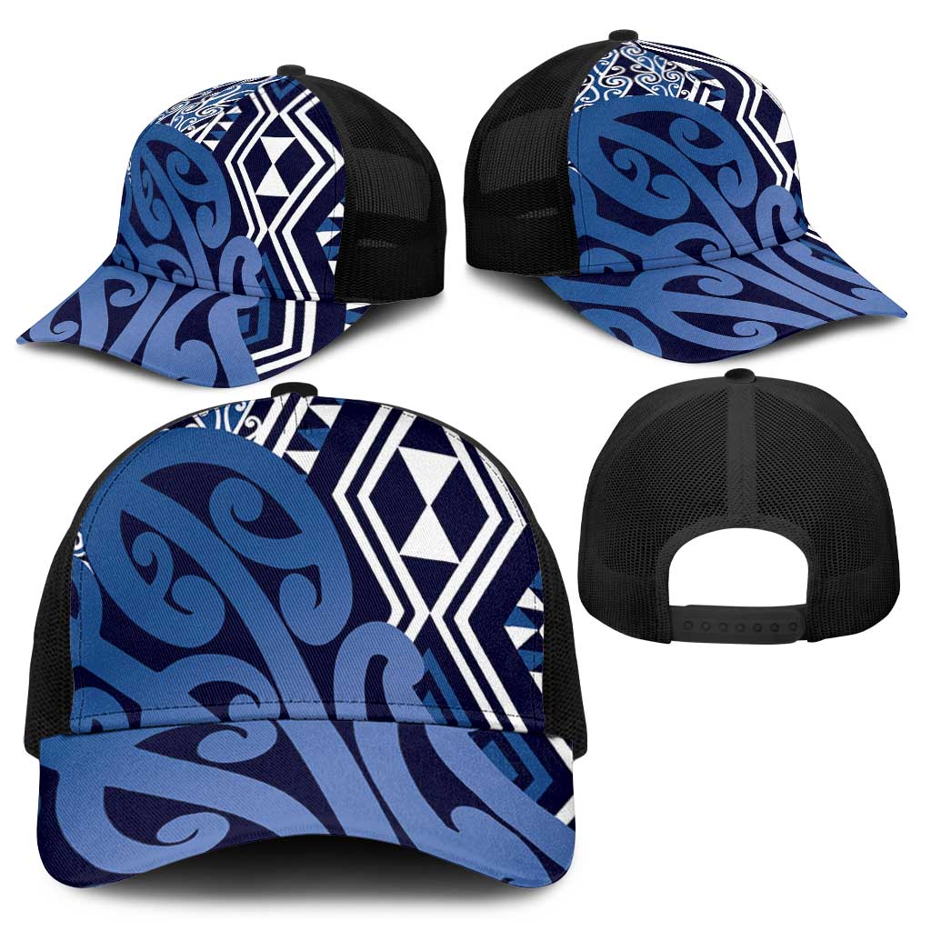 Blue New Zealand Mesh Trucker Cap Aotearoa Kowhaiwhai Mix Taniko Art - Aussie Hoodie
