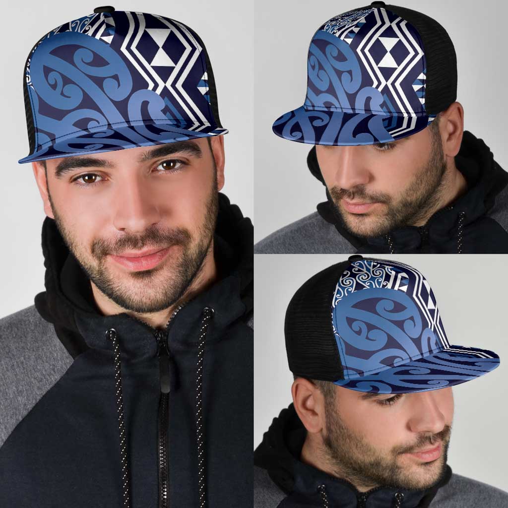 Blue New Zealand Mesh Trucker Cap Aotearoa Kowhaiwhai Mix Taniko Art - Aussie Hoodie