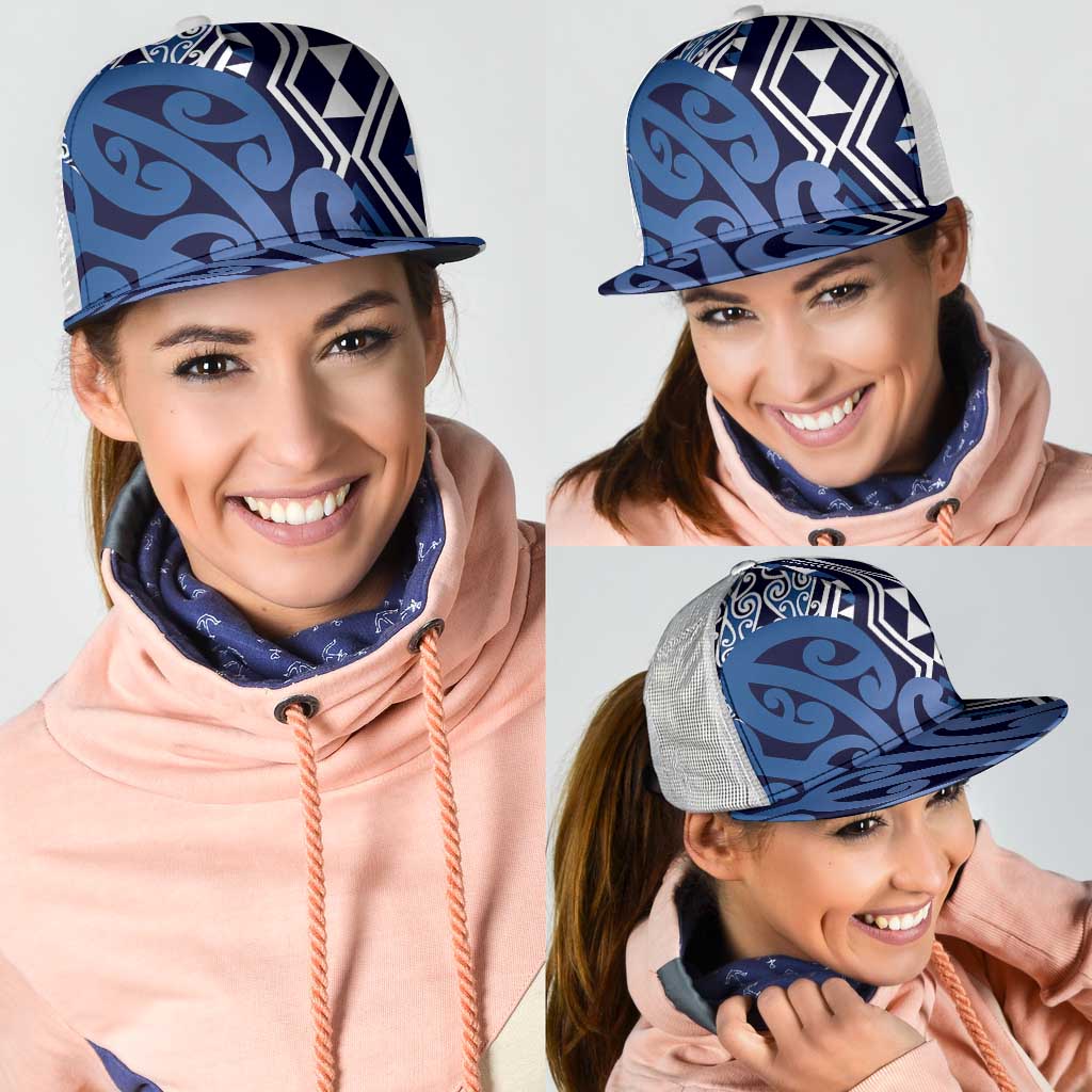 Blue New Zealand Mesh Trucker Cap Aotearoa Kowhaiwhai Mix Taniko Art - Aussie Hoodie