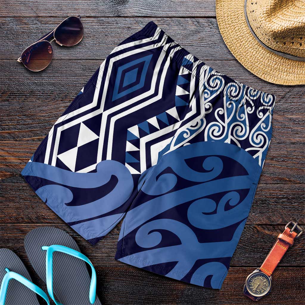 Blue New Zealand Shorts for Men Aotearoa Kowhaiwhai Mix Taniko Art