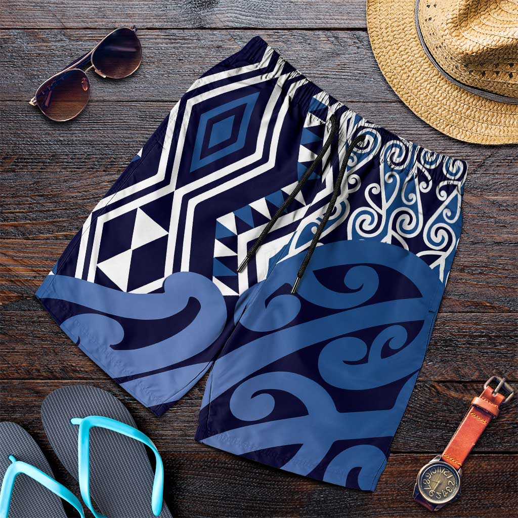 Blue New Zealand Shorts for Men Aotearoa Kowhaiwhai Mix Taniko Art
