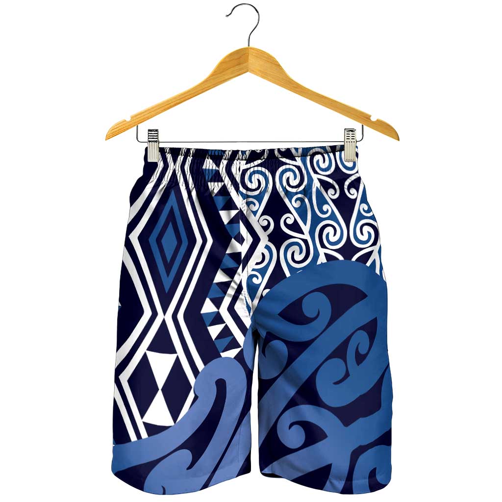 Blue New Zealand Shorts for Men Aotearoa Kowhaiwhai Mix Taniko Art