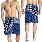 Blue New Zealand Shorts for Men Aotearoa Kowhaiwhai Mix Taniko Art