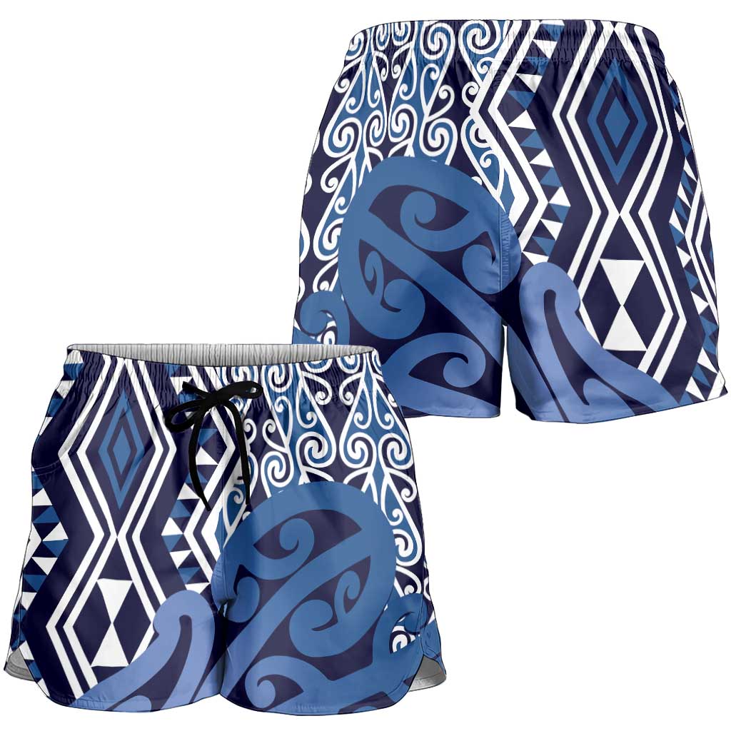 Blue New Zealand Shorts for Women Aotearoa Kowhaiwhai Mix Taniko Art