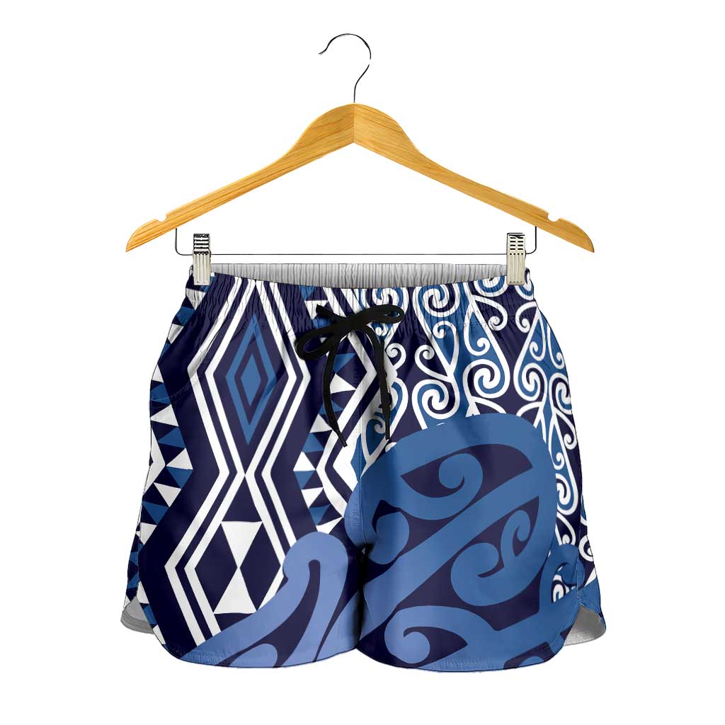 Blue New Zealand Shorts for Women Aotearoa Kowhaiwhai Mix Taniko Art