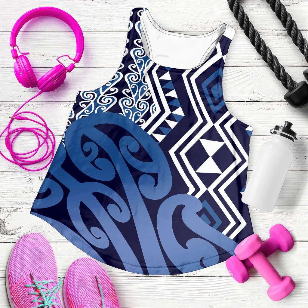 Blue New Zealand Women Racerback Tank Aotearoa Kowhaiwhai Mix Taniko Art