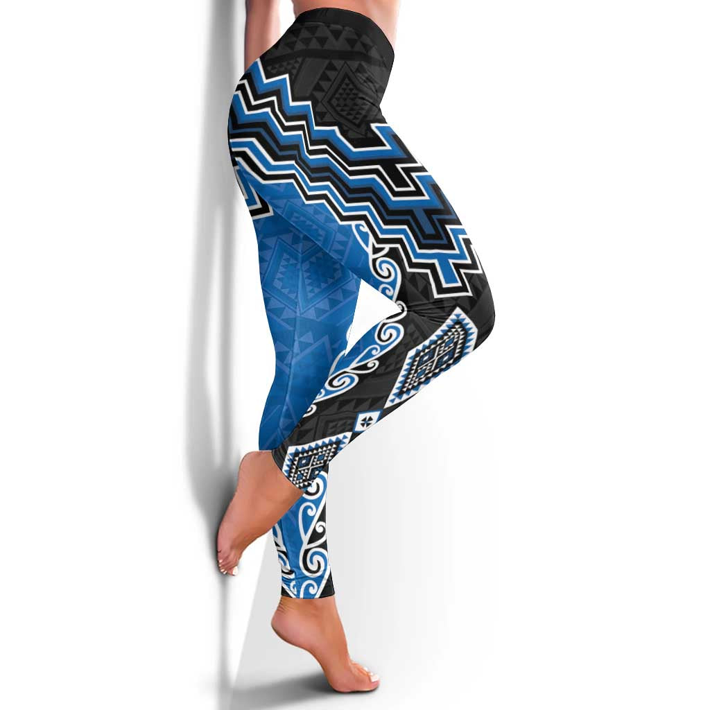 Blue Niho Taniwha Mix Poutama Leggings Unique Taniko Aotearoa - Aussie Hoodie