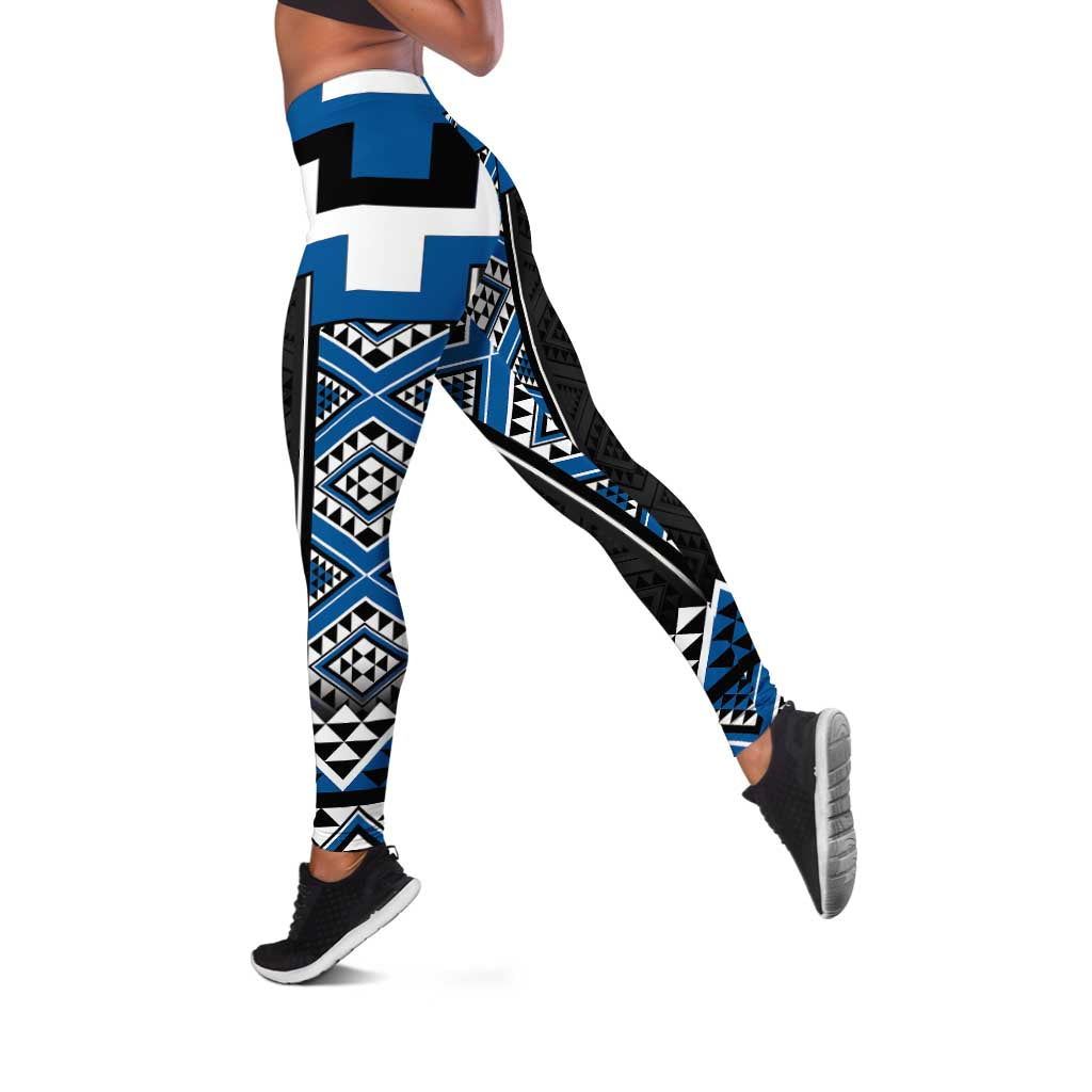 Blue Taniko Aotearoa Leggings Niho Taniwha Mix Poutama