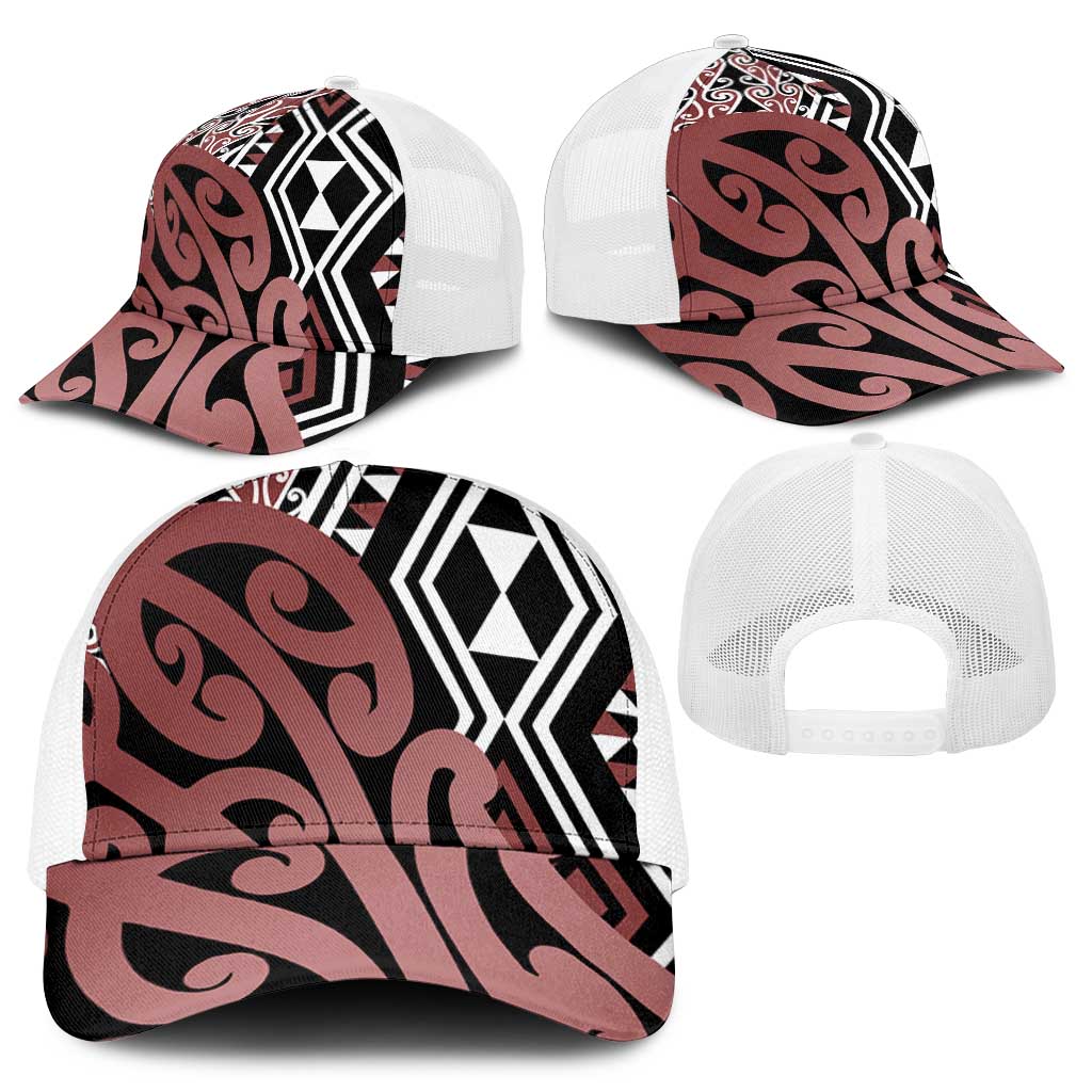 Brown New Zealand Mesh Trucker Cap Aotearoa Kowhaiwhai Mix Taniko Art - Aussie Hoodie