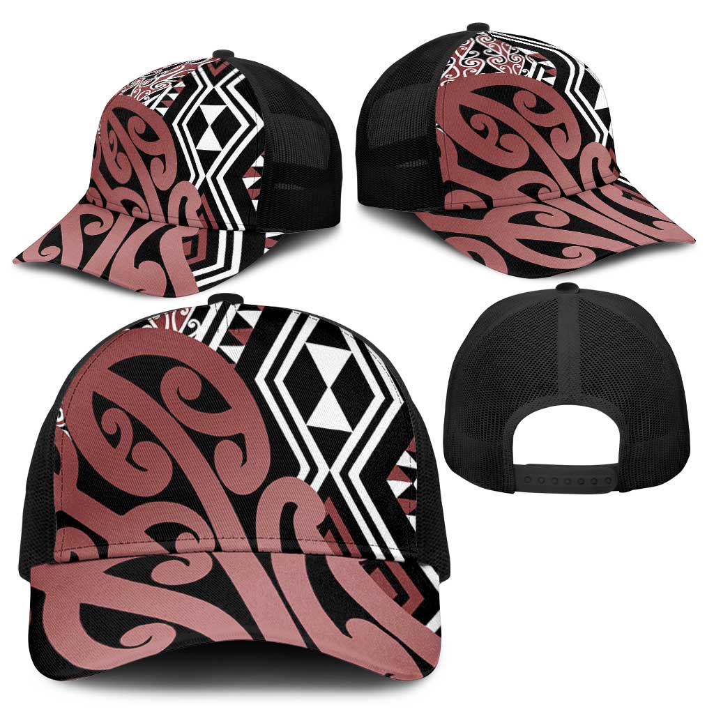 Brown New Zealand Mesh Trucker Cap Aotearoa Kowhaiwhai Mix Taniko Art - Aussie Hoodie