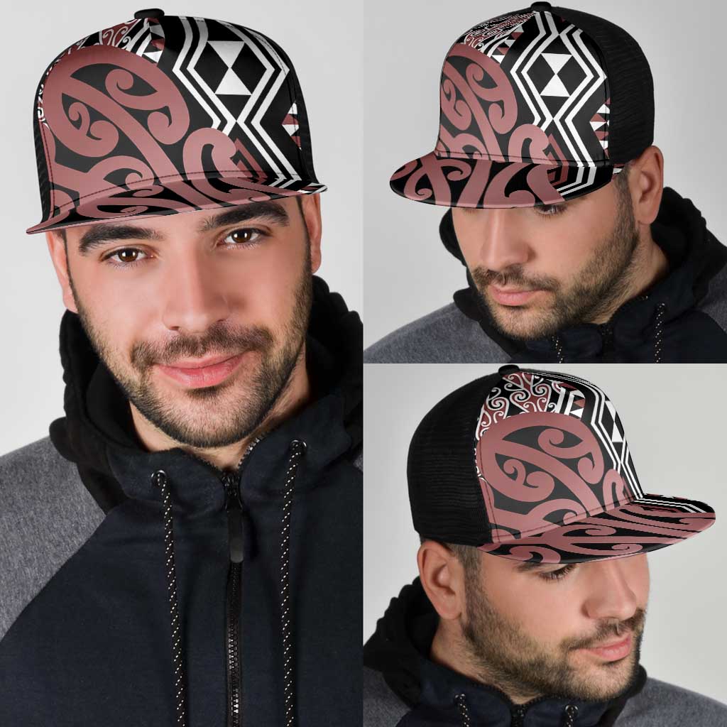 Brown New Zealand Mesh Trucker Cap Aotearoa Kowhaiwhai Mix Taniko Art - Aussie Hoodie