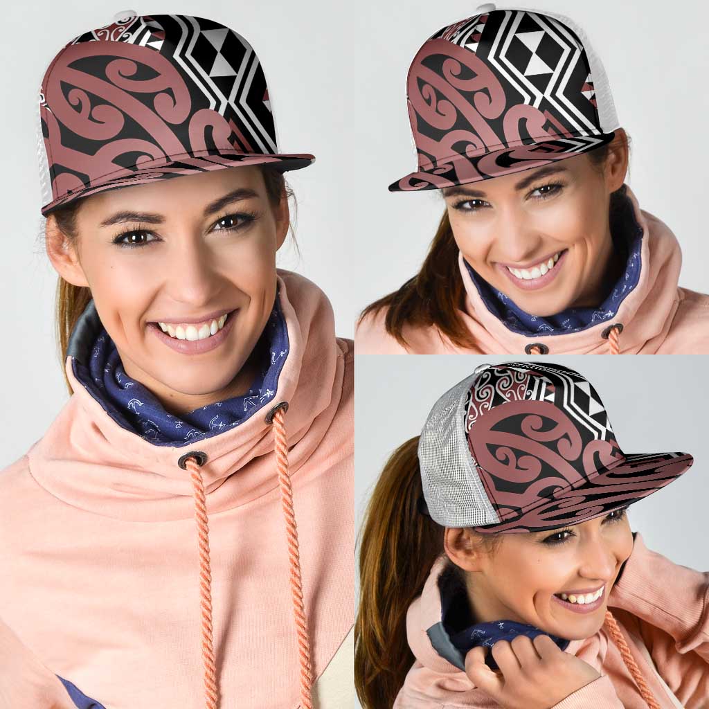 Brown New Zealand Mesh Trucker Cap Aotearoa Kowhaiwhai Mix Taniko Art - Aussie Hoodie