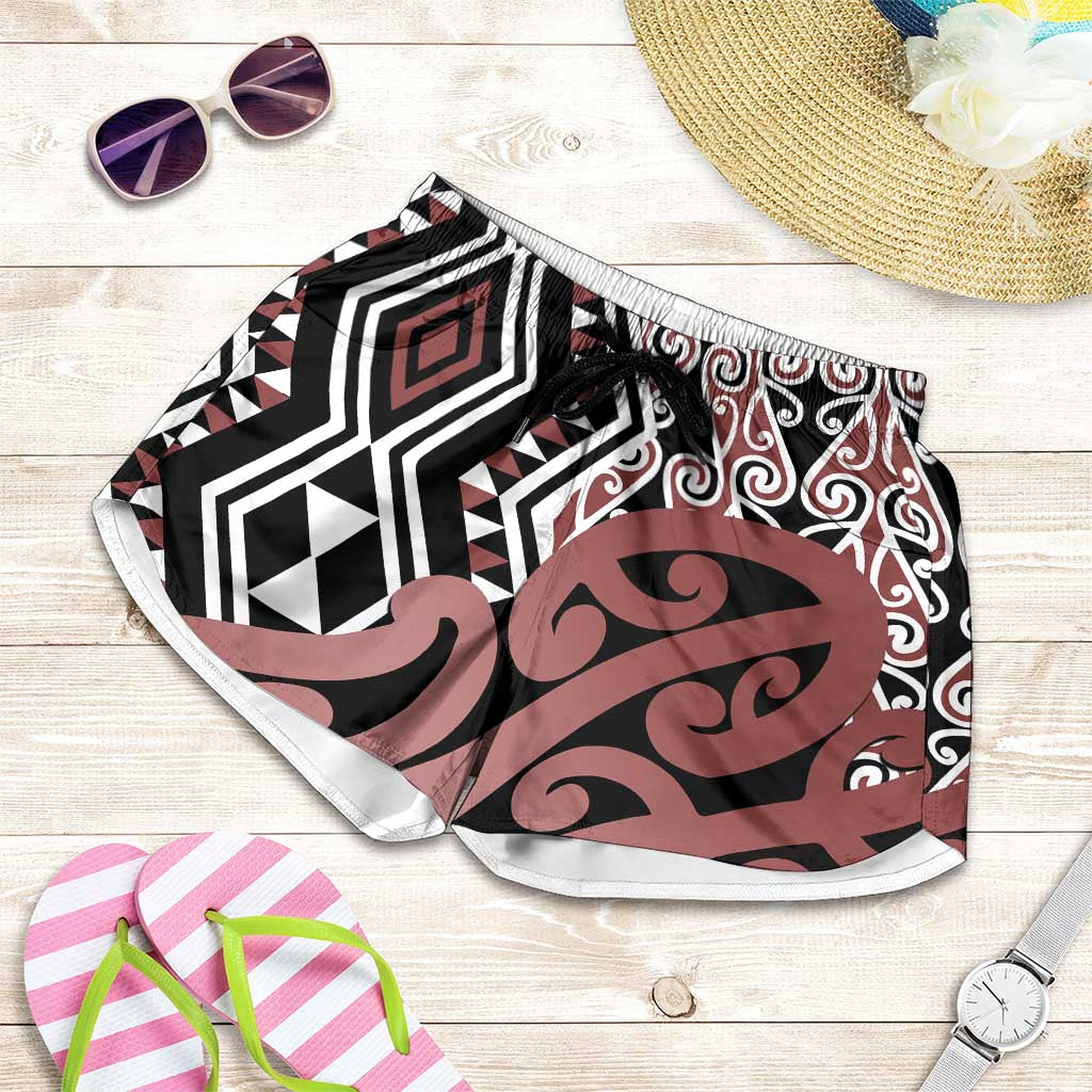 Brown New Zealand Shorts for Women Aotearoa Kowhaiwhai Mix Taniko Art LT14