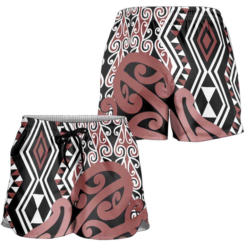 Brown New Zealand Shorts for Women Aotearoa Kowhaiwhai Mix Taniko Art LT14