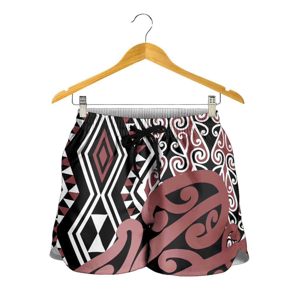 Brown New Zealand Shorts for Women Aotearoa Kowhaiwhai Mix Taniko Art LT14