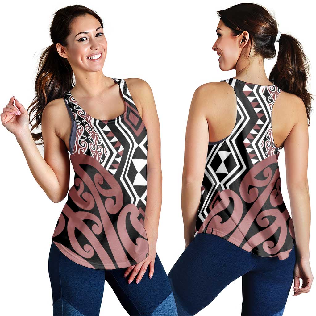 Brown New Zealand Women Racerback Tank Aotearoa Kowhaiwhai Mix Taniko Art