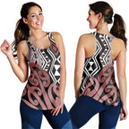 Brown New Zealand Women Racerback Tank Aotearoa Kowhaiwhai Mix Taniko Art