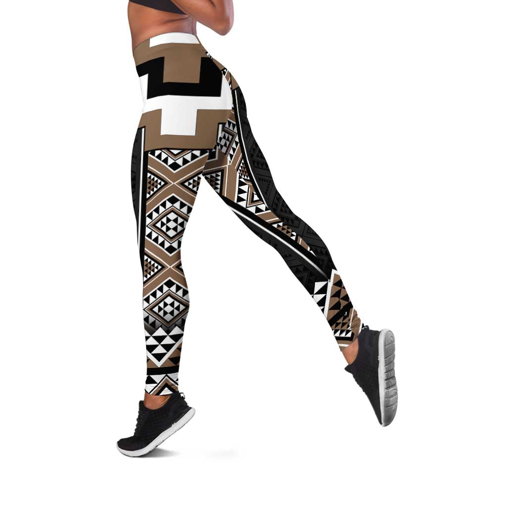 Brown Taniko Aotearoa Leggings Niho Taniwha Mix Poutama