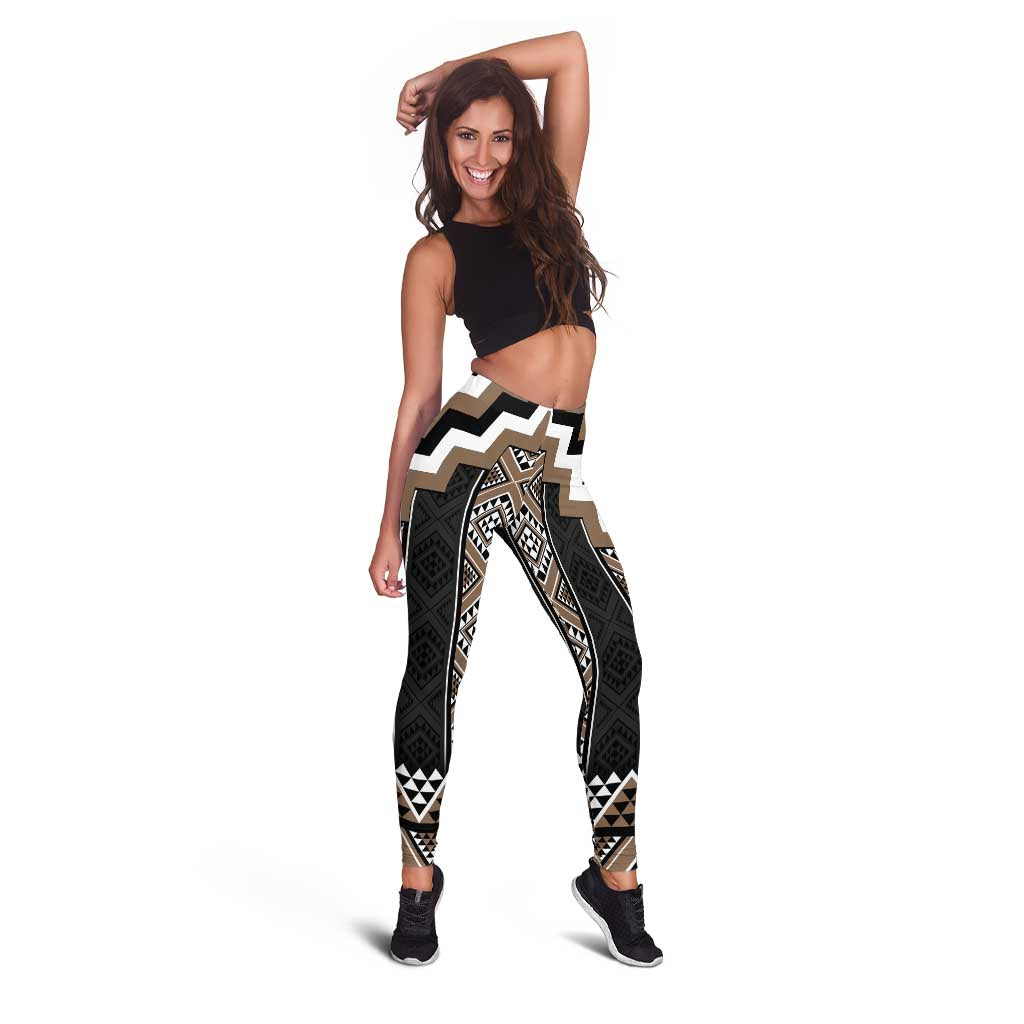 Brown Taniko Aotearoa Leggings Niho Taniwha Mix Poutama