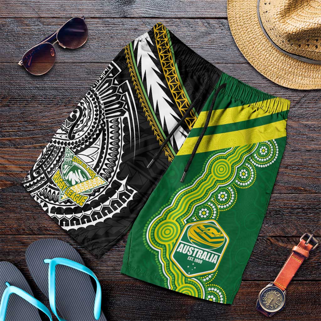 Cook Islands and Australia Rugby Shorts for Men Tatau Tribal with Aboriginal Chevron Sport Style