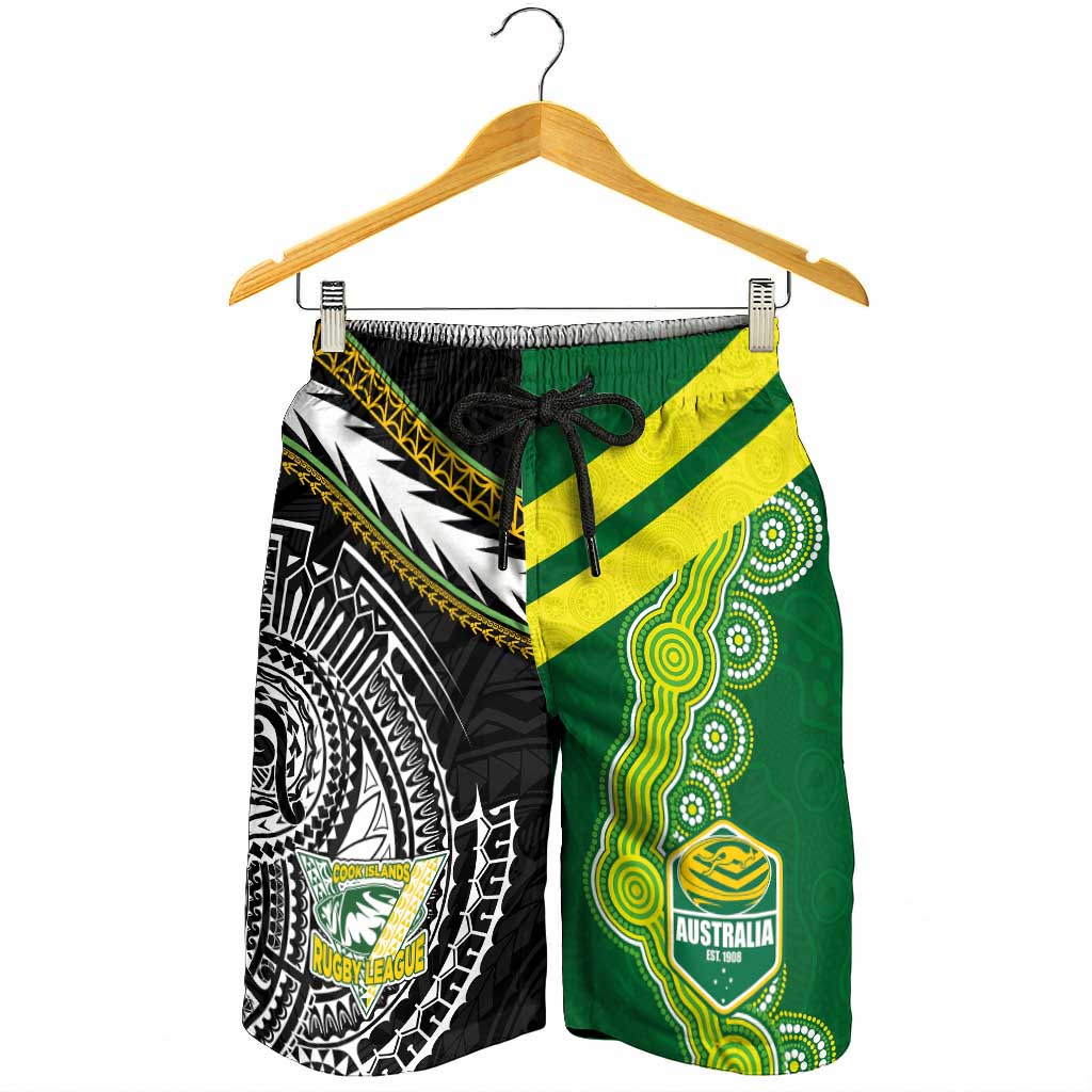 Cook Islands and Australia Rugby Shorts for Men Tatau Tribal with Aboriginal Chevron Sport Style