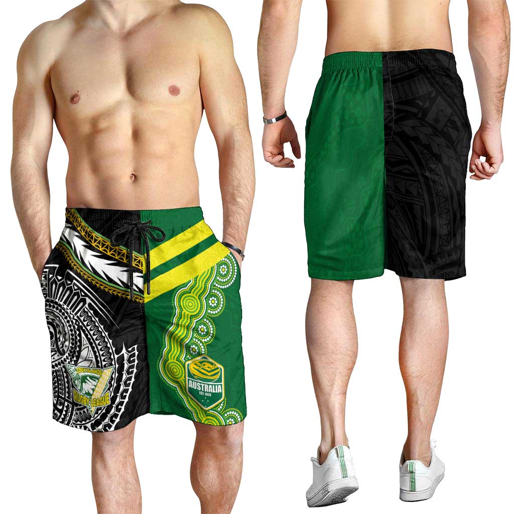 Cook Islands and Australia Rugby Shorts for Men Tatau Tribal with Aboriginal Chevron Sport Style