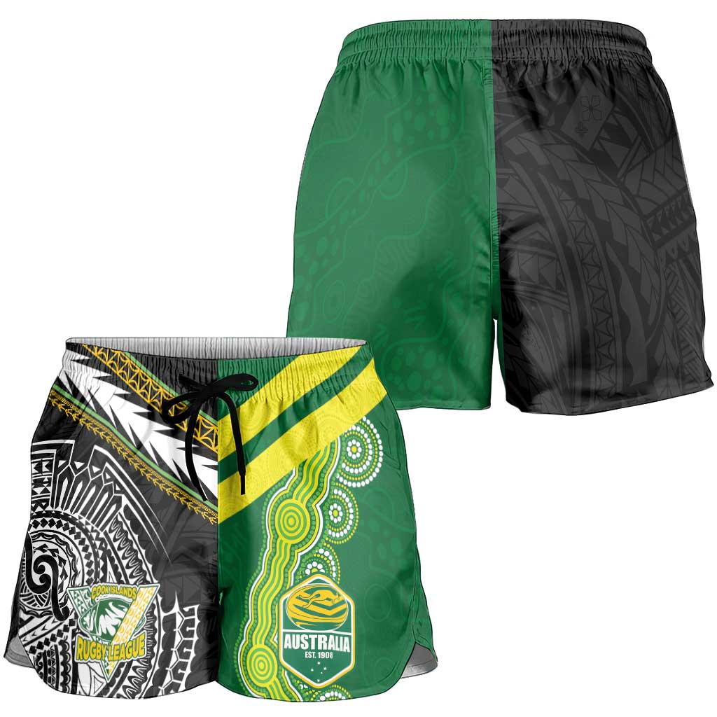 Cook Islands and Australia Rugby Shorts for Women Tatau Tribal with Aboriginal Chevron Sport Style